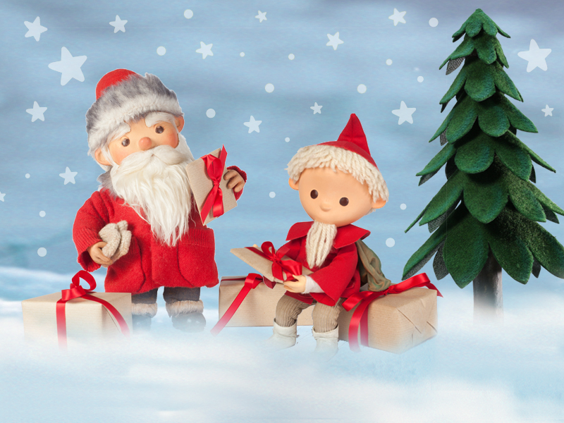 Weihnachtliche Szene mit dem Sandmännchen und Geschenken