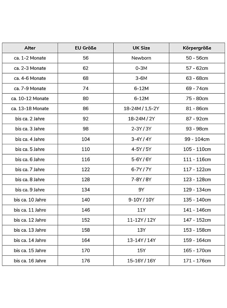 Größentabelle für Kinderkostüme